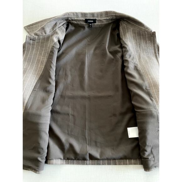 Express Sz M Pinstripe Collared Jacket Neutral Office Tailored Cropped Stretch - Picture 9 of 15